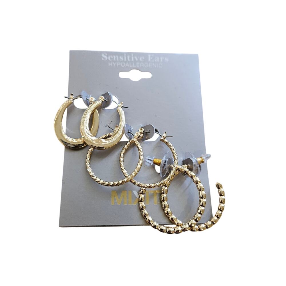 MIXIT Sensitive Ears Gold Tone Hoop Earrings 3 Pair Set Hypoallergenic NWT